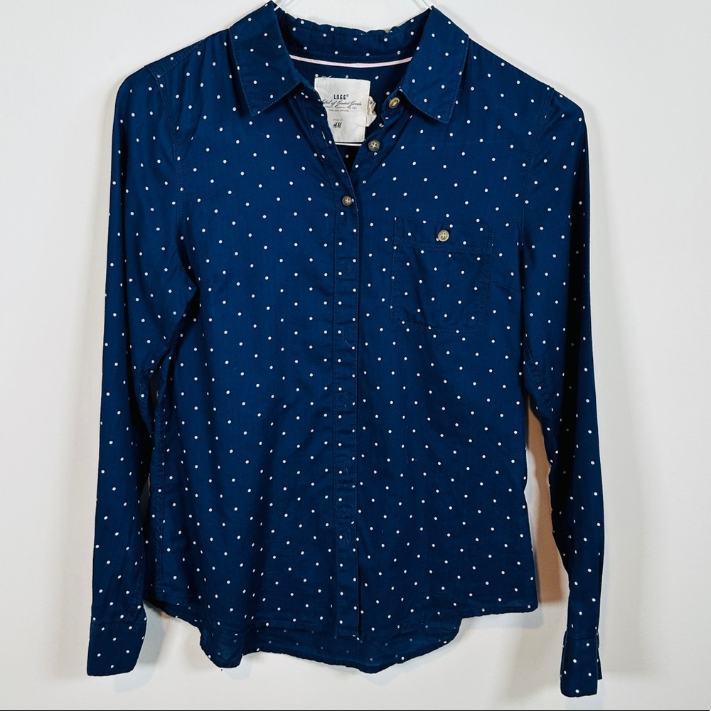 LOGG Navy Blue & White Polka Dot Button Down Top Size 8